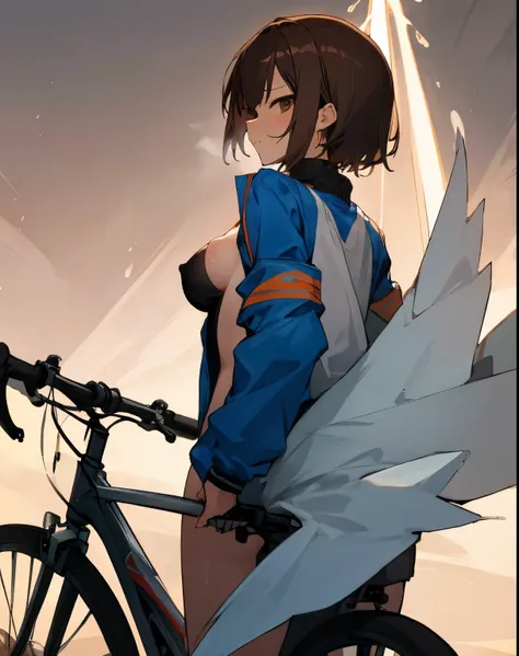 nsfw,(((masterpiece))), ShizukaMikazuki, 1 girl, alone, looking at the viewer, short hair, brown hair, long sleeve, cleavage, medium breasts, closed mouth, clavicle, Jacket, open clothes, open Jacket, blue Jacket, ground vehicle, play sports often, bicycle...