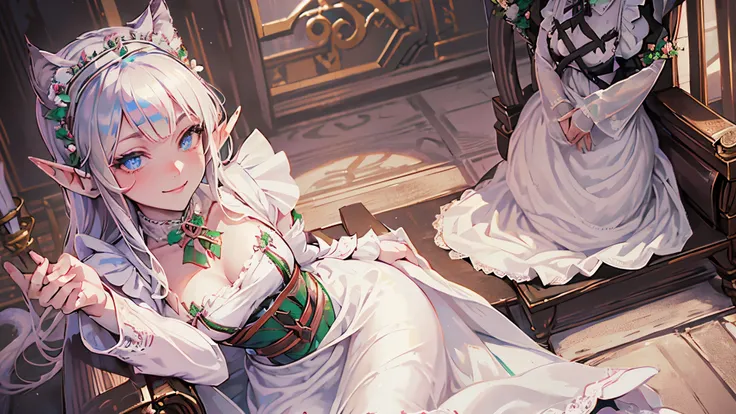 a beautiful women, (Elf Queen:1.4) sit on the throne,(neko maid clothes:1.8) , perfect face, full body, victorian era, noble dress, complicated decoration, spelling, talking, smiling, arms behind back, soft rim light, beautiful detailed sky, masterpiece, u...