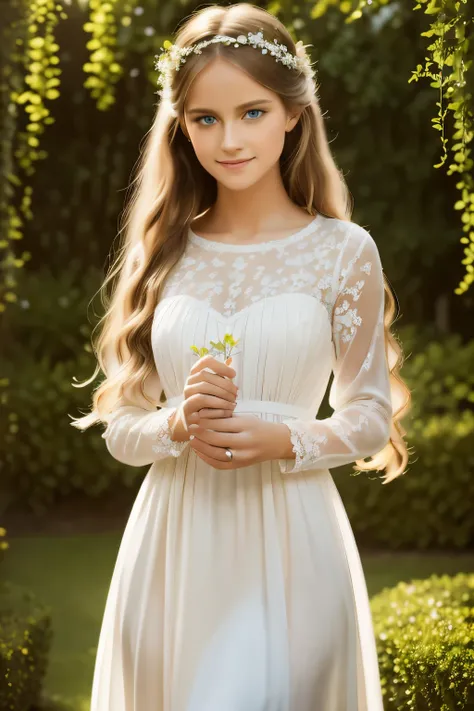 a girl with flowing golden hair and mesmerizing blue eyes, wearing an elegant white dress, standing in the midst of a vibrant ga...