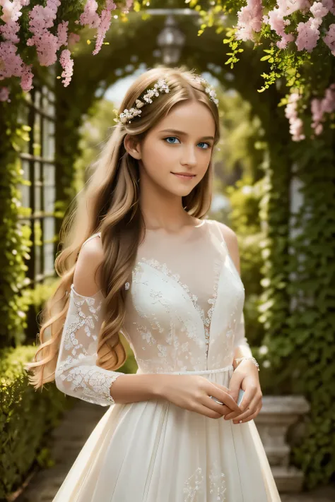 A girl with flowing golden hair and mesmerizing blue eyes, wearing an elegant white dress, standing in the midst of a vibrant garden filled with blooming flowers and lush greenery. The sunlight gently illuminates her delicate features, casting a soft glow ...