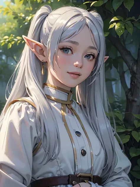 ((masterpiece、highest quality、Super detailed、High resolution、realistic、sharp focus))、face light、bust shot、high brightness、high color saturation、((very delicate and beautiful))、female elf、Freelen、long silver hair、smile、twin tails、round face、white clothes、in...