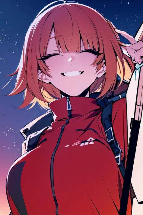 woman in hiking gear, hiking. yandere smiling, night