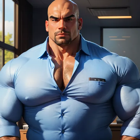 an exaggeratedly muscular and large bald bodyguard, beefy build, mixed race, (wearing blue business casual collared shirt: 1.2), (bara pecs: 1.3), (arm and chest hair: 1.1), close-up portrait HD, bright corporate office with large windows