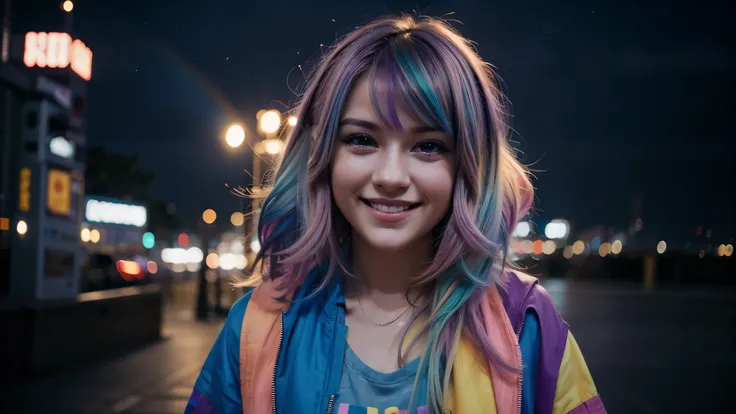 a sexy baby girl, in front of a night city, unfocus background, smiling, rainbow hair color