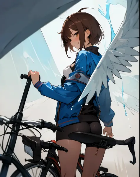 nsfw,(((masterpiece))), ShizukaMikazuki, 1 girl, alone, looking at the viewer, short hair, brown hair, long sleeve, cleavage, medium breasts, closed mouth, clavicle, Jacket, open clothes, open Jacket, blue Jacket, ground vehicle, play sports often, bicycle...