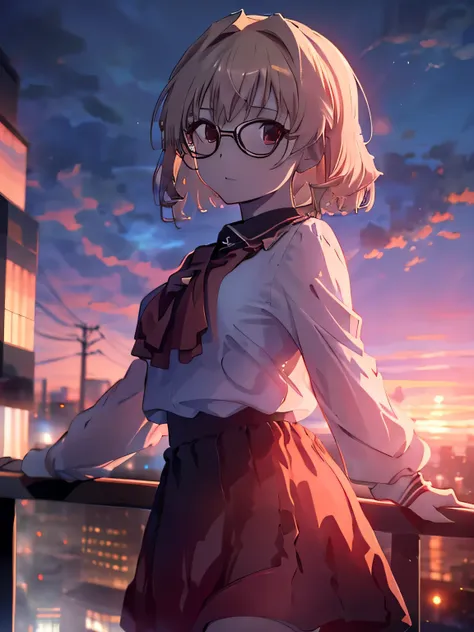 1girl, anime girl with blonde hair, short hair, raised hair hairstyle, red eyes, black glasses, white blouse, white polo, red sk...