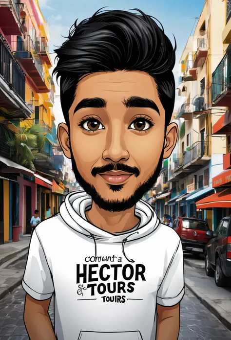 Create me a logo mascot where the boy has black hair, con barba, sudadera negra  y amante de la naturaleza y abajo tenga las letras HECTOR. En la esquina superior llevar Community tours.