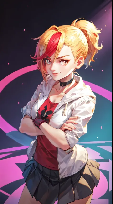 (best quality:1.2),solo,1girl,mdrin,smile,looking at viewer,crossed arms,ponytail,v-shaped eyebrows,white jacket,red shirt,fingerless gloves,black skirt,choker