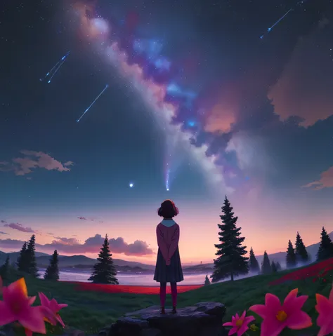 1 person、Fighting girl staring at the stars（zoomed out：1.1）、（star swarm：1.2）、（trees ：1.1）、yourname、moon、from the rear、fireplace 、city in distance 、red flowers 、Highest quality standing in the field、masterwork、​​clouds、colourfull、foggy sky、stele