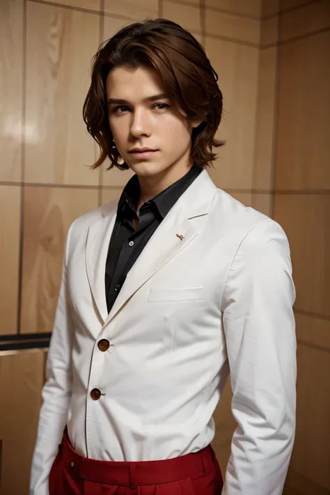 A 17-year-old effeminate man, de piel muy blanca, with brown hair and red highlights with medium wavy hair, con ojos rojos y un traje negro