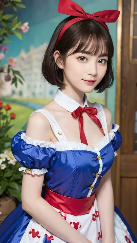 (alice in wonderland), 1, (He wears a large triangular ribbon on his head....), short hair, young woman, gentle smile, colorful clothes
