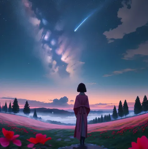 1 person、Fighting girl staring at the stars（zoomed out：1.1）、（Moonlight :1.1 ）、（trees ：1.1）、yourname、moon、from the rear、fireplace 、city in distance 、red flowers 、Highest quality standing in the field、masterwork、​​clouds、colourfull、foggy sky、stele