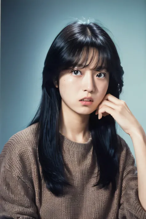 (masterpiece, realistic, ultra high resolution, high quality:1.2), 1 girl, (young),(no makeup), black hair, portrait, old photograph, 80&#39;s style , dynamic pose, studio, ((akinanakamori)),troubled face