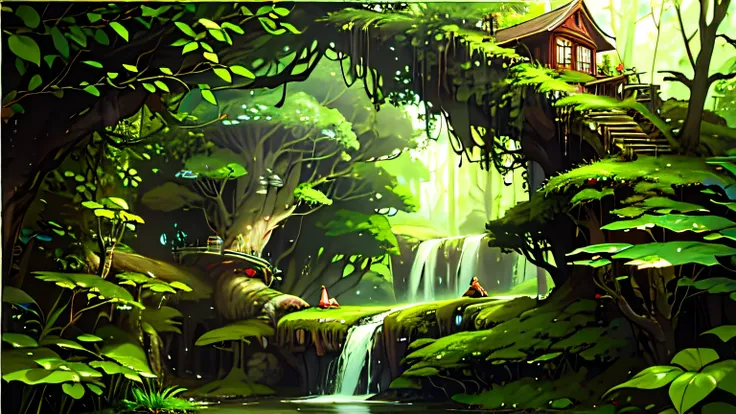 There is a wooden walkway in the middle of the forest, There is a wooden house at the end of the corridor，enchanted magical fantasy forest, Fairyland Bridge, lush fairy forest, Rainforest, lush rainforest, enchanted forest, an enchanted forest, green jungl...