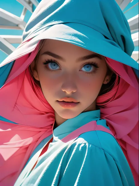 A breathtaking portrait of a woman with mesmerizing blue eyes, vestido com uma jaqueta preta, and exuding an air of neo-futuristic elegance. A arte captura todos os detalhes, featuring a highly detailed and vibrant representation. (Inspirado por: "uma mulh...