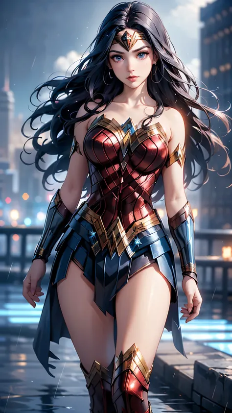 (la mejor calidad,the high resolution,ultra - detallado,actual),ariana grande es la wonder woman , (fondo nublado lluvia ciudad ...