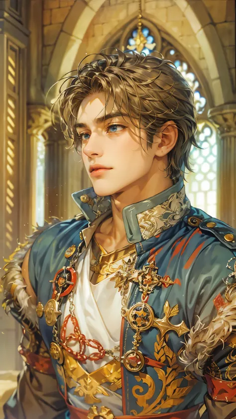 (absurdres, highres, ultra detailed, HDR), masterpiece, intricate details, best quality close-up picture of a character from Suikoden 5, an adventurer with handsome looks, cool hero, short hair, anime eyes, matured teen, fantastic outfit showing chest, cro...