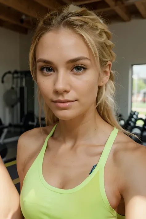 fitness nutritionist in gym, with detailed face, more focus on face, fair skin, blonde hair