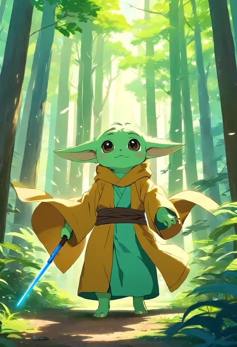 Grogu in Jedi Robe | Grogu from the Mandalorian series. | Grogu stands amidst a lush forest bathed in soft sunlight, surrounded by towering trees and a tranquil atmosphere. His dynamic Jedi fighting stance exudes determination as he holds his green lightsa...