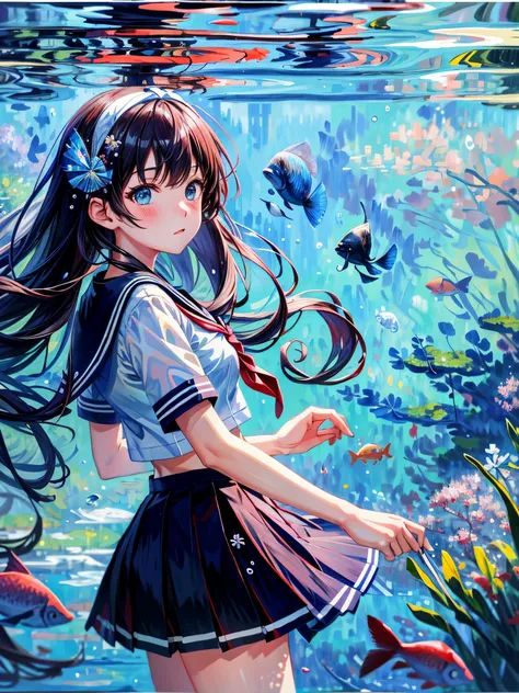 bubble, rating:safe, air_bubble, underwater, 1girl, fish, long_hair, submerged, school_uniform, serafuku, solo, water, skirt, neckerchief, short_sleeves,(Impressionism:1.4),