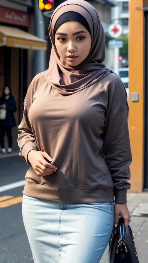 (Best quality, high resolution, masterpiece: 1.3), a beautiful malay woman in hijab, big breasts, slim figure, sweatshirt, beautifully presented details in the street and facial and skin texture, detailed eyes, double eyelids, big eyeschest visible, shirt ...