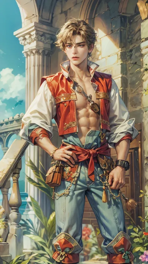 (absurdres, highres, ultra detailed, HDR), masterpiece, intricate details, best quality close-up picture of a character from Suikoden 5, an adventurer with handsome looks, cool hero, short hair, anime eyes, matured teen, fantastic outfit showing chest, cro...