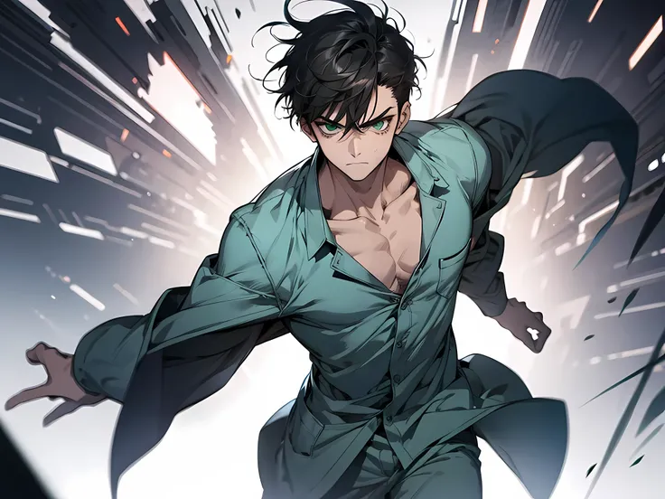 image of a boy with bandages on his face, he has wounds on face, green eyes, black hair, smooth hair, short hair, angry facial expression, punch pose, wearing light blue medical pajamas, half body illustration, sad expression, normal muscle, strong aura