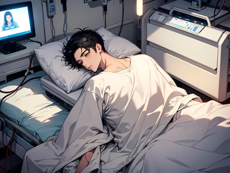 (masterpiece, high quality,shiny skin:1.4) ,vivid color, high contrast,1 boy, short hair,black hair, green eyes,BREAK life support machine,lying on hospital bed,lying, hospital gown,bandages,monitor,thermometer,blanket,cable,on bed, unconscious, sleeping a...