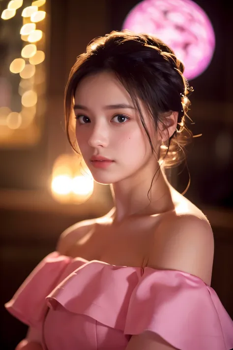 Best Quality, Masterpiece, Ultra High Resolution, (Realisticity: 1.4), Original Photo, 1girl, Pink Off-the-Shoulder, Cinematic Lighting