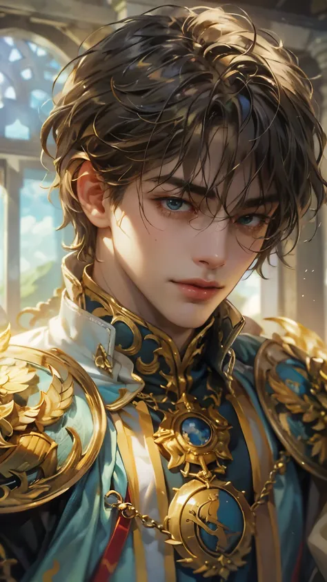 (absurdres, highres, ultra detailed, HDR), masterpiece, intricate details, best quality close-up picture of a character from Olympus Guardian with a perfect face, smirks, a god with handsome looks, cool hero outfit, short hair, anime eyes, matured teen, fa...