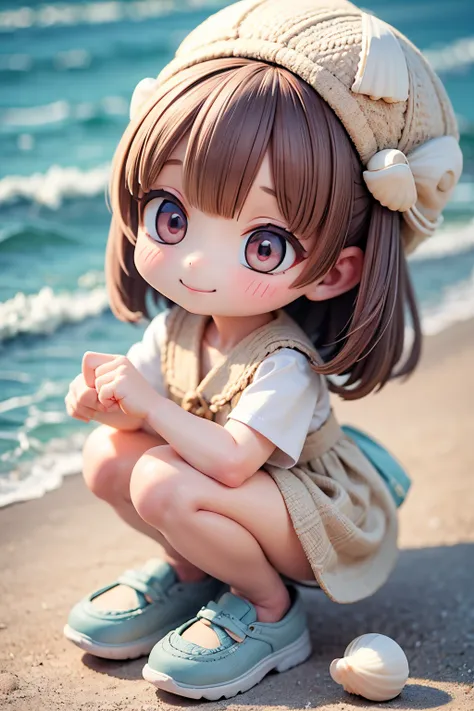 Photoreal、whole body、chibi girl、Seashell Accessories、smile、cute shoes、Picking up shells