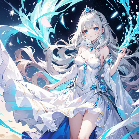 Beautiful princess maiden with lovely silver tiara with crystals, she is wearing a fancy princess dress, breathtaking eyes and hair, wavy medium length hair, grounding setting, grounding colors, mid-tone to dark color schemes