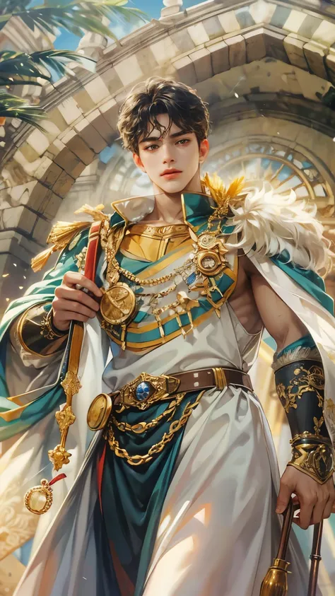 (absurdres, highres, ultra detailed, HDR), masterpiece, intricate details, best quality close-up picture of King perseus in his younger age with a perfect face, smirks, a boy with handsome looks, cool royale outfit, short hair, anime eyes, matured teen, fa...