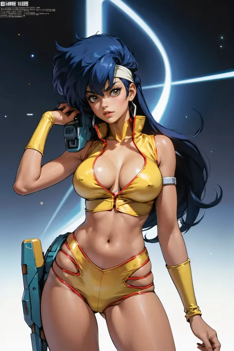 Yuri from The Dirty Pair, , wearing a tight outfit, skimpy, medium breast, (long hair), dark blue hair, beauty, cyberpunk city background, holding retro space-gun, cleavage, slim waist, slim thighs, thigh gap, (light yellow uniform), show belly