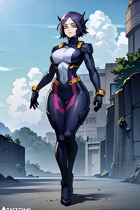 My Hero Academia style, anime Girl, female, trending on artstation pixiv, (Full body shot:1.5), wide hips, wide thighs, large breast, head covering, helmet, face covering, mask, Purple hair, short hair, yellow eyes, hero costume, full body suit, Perfect An...