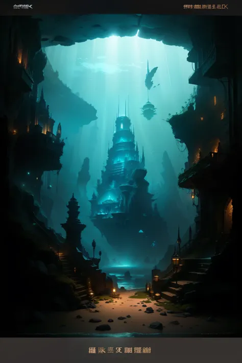 (best quality,4k,8k,highres,masterpiece:1.2),ultra-detailed,(realistic,photorealistic,photo-realistic:1.37),cavern,cave underwater,underwater temple,underwater city,futuristic underwater metropolis,submerged temple,temple submerged scene,the lost city of A...