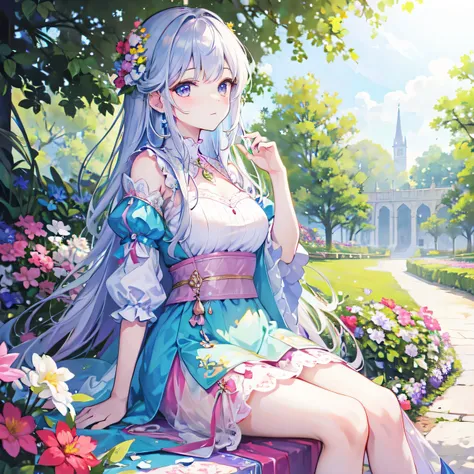 Beautiful princess seen sitting among the pleasant and colorful flowers in the palace gardens.