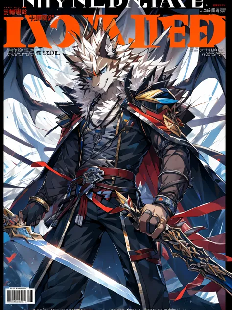 furry, male, anthro, (Dragon Tail), Solo, Blue eyes, (Realistic eye details:1.2), (beautiful detailed eyes), anime character, there is a Dragon man with a sword and a cape on a cover of a magazine, anime cover, furry anthro magazine cover, magazine cover b...