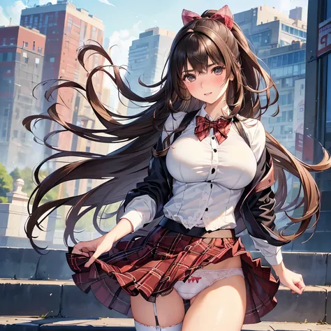 ((highest quality, High resolution, perfect pixel, 4k))), 1 woman, beautiful woman、I could see the whole body、walking down the subway stairs、lots of commuters、 ((ponytail, bangs, brown hair)), ((brown eyes, beautiful eyelashes, realistic eyes)), ((detailed...