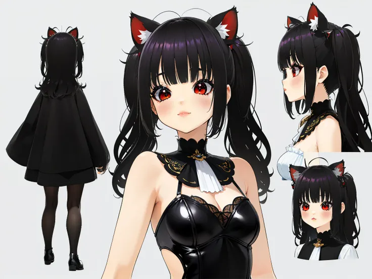 ((Mejor calidad)), ((obra maestra)), ((realista)) 19 years old ,((long hair slightly wavy slightly past the shoulders, black bangs, small black pigtails on the sides, cute cat ears, beautiful thin red eyes)), cara un poco relajada a cuadros ((esbelto)) (te...