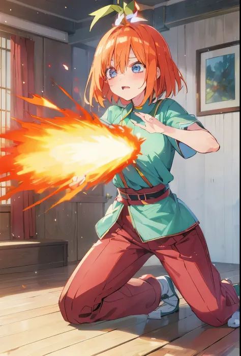 Yotsuba nakano , sneezing, sneezing fire, yotsuba sneezing and a blaze of flame bursts from her nose, short orange hair, bob irange hair, blue eyes, nakano_yotsuba, splendid, iridescent, dynamic pose, moving, excellent character design, full body pose, per...