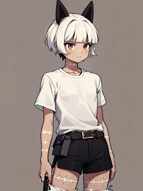 a somewhat feminine boy, brown eyes, white hair, brown skin, with a white t-shirt with black details and black shorts, un poco i...