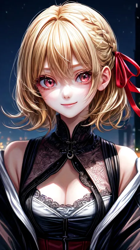 high quality, 最high quality, masterpiece, disorganized, red_Jacket, ribbon, black_eye, blonde_hair, short_hair, hair_ribbon, smile, 1 girl, torn clothes, Cloth,  Dense and beautiful black eyes, beautiful detailed lips, Highly detailed eyes and face, long e...