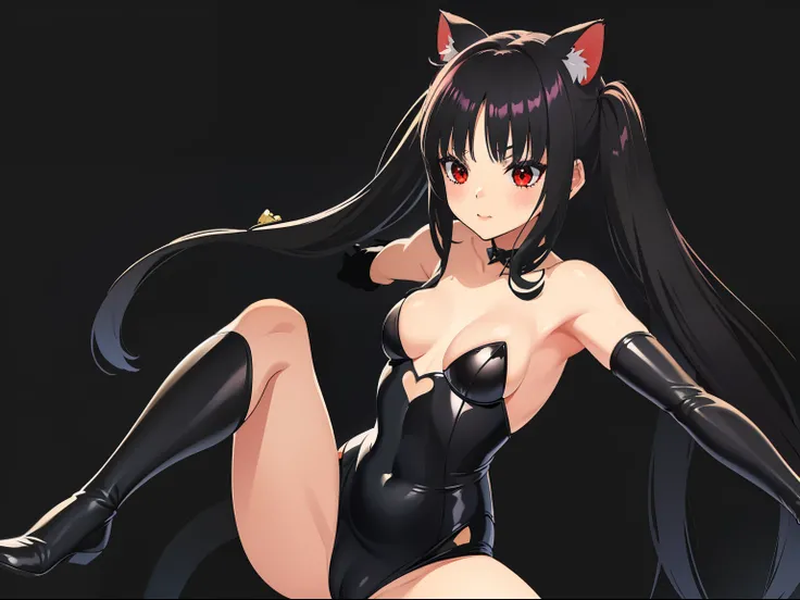 (((,((long hair slightly wavy slightly past the shoulders, black bangs, small black pigtails on the sides, cute cat ears, beautiful thin red eyes)),)) ((De Darkstalkers)) (((enormes tetas))) 8K,((cuerpo completo))(((amazing tits)))caliente, hermosa,((Quema...