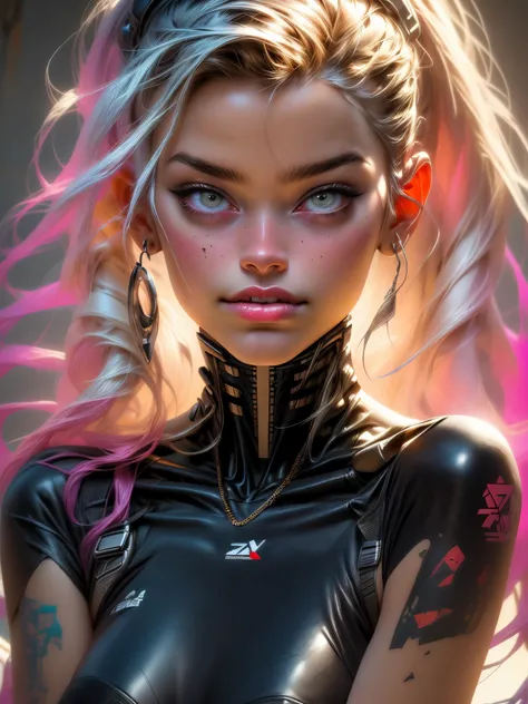 un primer plano de una mujer joven sensual, sonrrisa sensual,con un helado en una mano acercandolo a su boca, con un tatuaje en el brazo y megilla peinado cyberpunk con un mechon de pelo de color rosado, chica hermosa ciberpunk, beautiful cyberpunk girl fa...