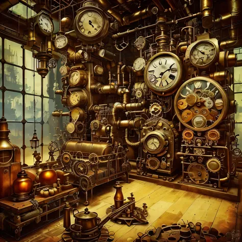 There is a room with many clocks on the walls., steampunk factory background, steampunk setting, steampunk digital art, steampunk background, steampunk concept art, steampunk forest background, steampunk aesthetic, Steampunk themed image, Vibrant steampunk...