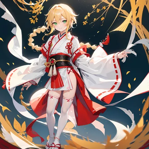 1boy，boy，Lovely appearance，golden hair，（The sideburns have twisted braids），15-year-old Shota，green eyes，young bangs，White skin，（best quality，masterpiece，Genshin painting style）smile emoticon，Red and white miko costume，White silk stockings，Japanese wooden s...