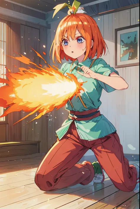 Yotsuba nakano , sneezing, sneezing fire, yotsuba sneezing and a blaze of flame bursts from her nose, short orange hair, bob irange hair, blue eyes, nakano_yotsuba, splendid, iridescent, dynamic pose, moving, excellent character design, full body pose, per...