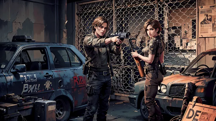 they&#39;re standing in the garage，holding a car and a gun, background of resident evil game, resident evil 1, resident evil, re...