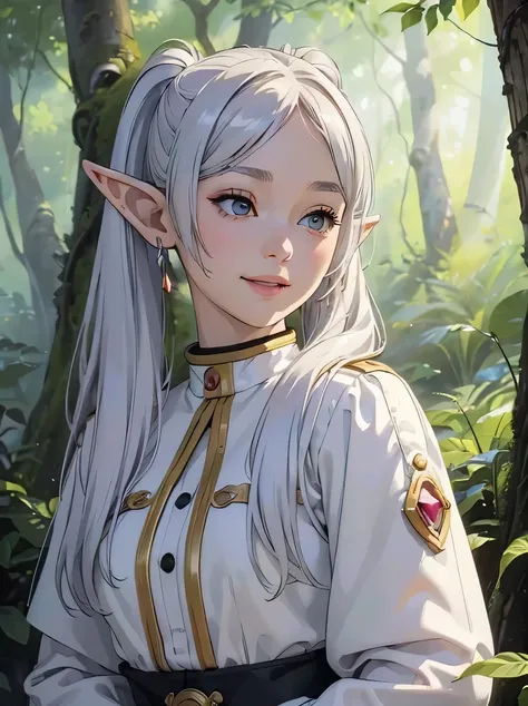 ((masterpiece、highest quality、Super detailed、High resolution、realistic、sharp focus))、face light、bust shot、high color saturation、((very delicate and beautiful))、female elf、Freelen、long silver hair、twin tails、round face、smile、white clothes、in the forest、fant...